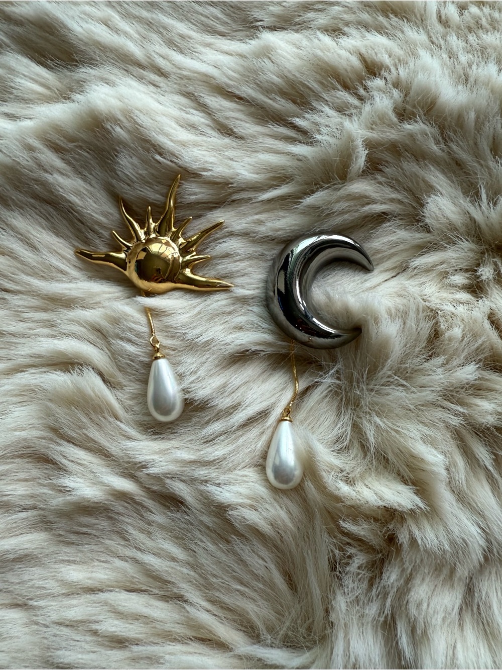 Sun and Moon Drop Pearl Earrings - Gold & Silver